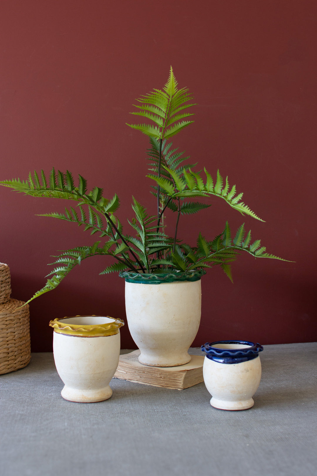 Set of 3 Ruffled Ceramic Flower Pots with Blue, Mustard and Green Details