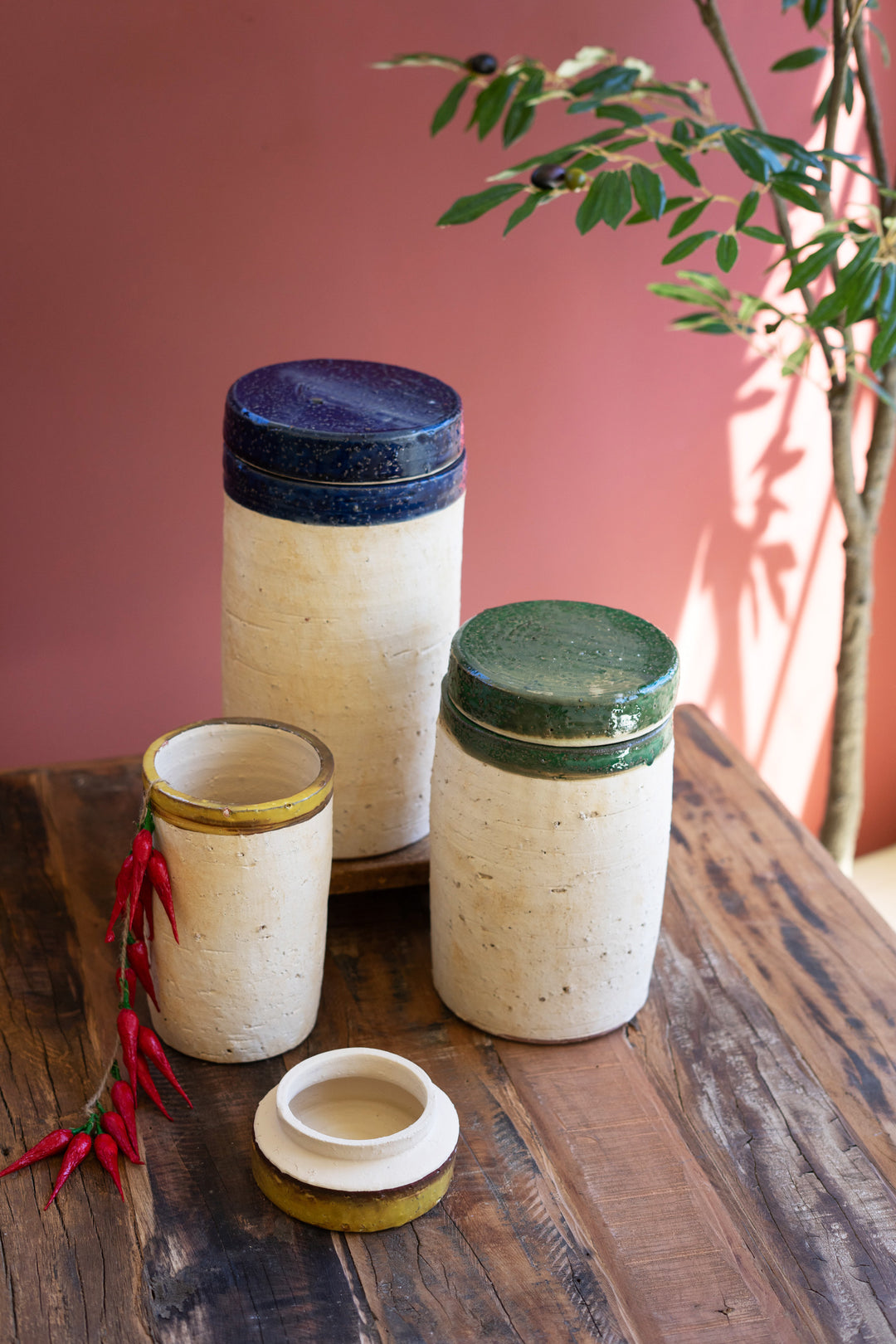 Set of 3 Ceramic Canisters with Blue, Mustard and Green Lids