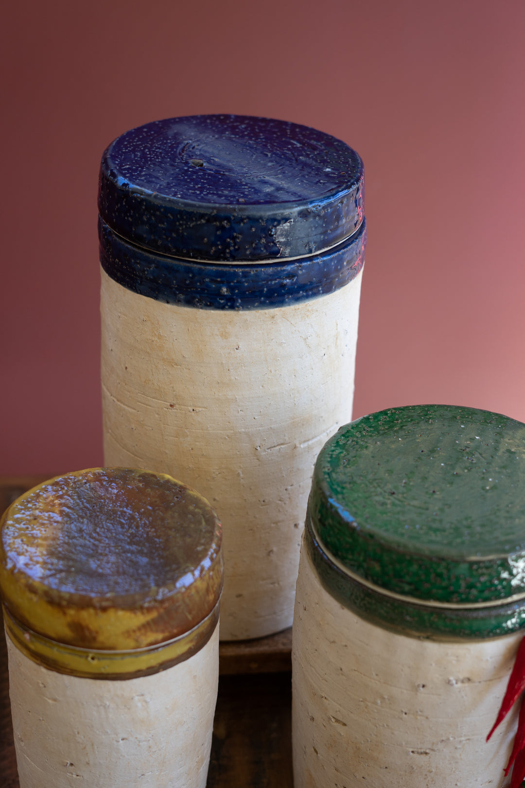 Set of 3 Ceramic Canisters with Blue, Mustard and Green Lids