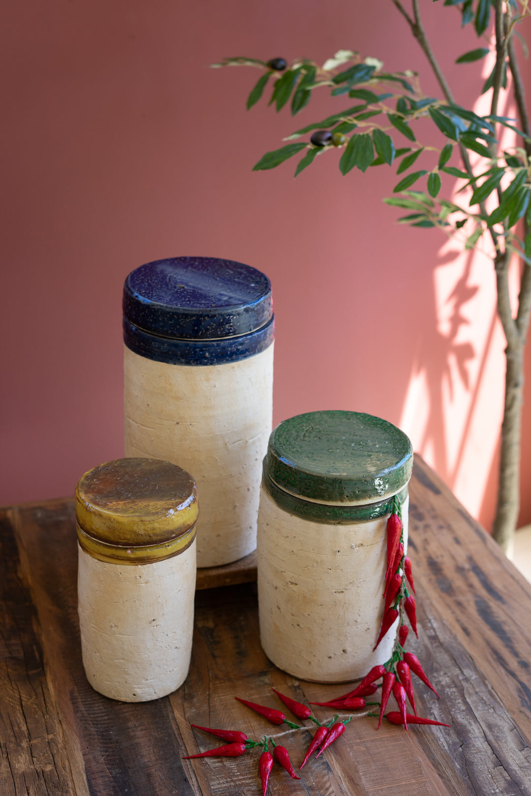 Set of 3 Ceramic Canisters with Blue, Mustard and Green Lids