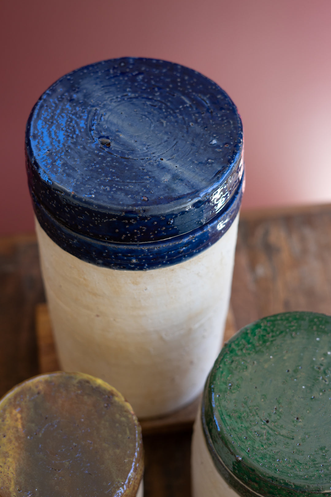 Set of 3 Ceramic Canisters with Blue, Mustard and Green Lids