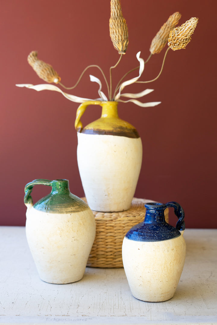 Set of 3 Ceramic Jugs with Blue, Mustard and Green Details