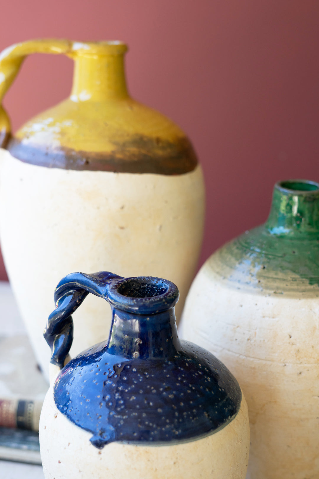 Set of 3 Ceramic Jugs with Blue, Mustard and Green Details