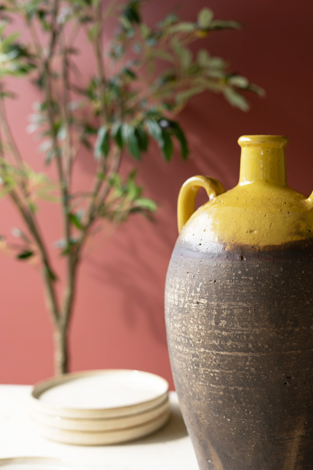 Double Handle Ceramic Urn with Mustard Top