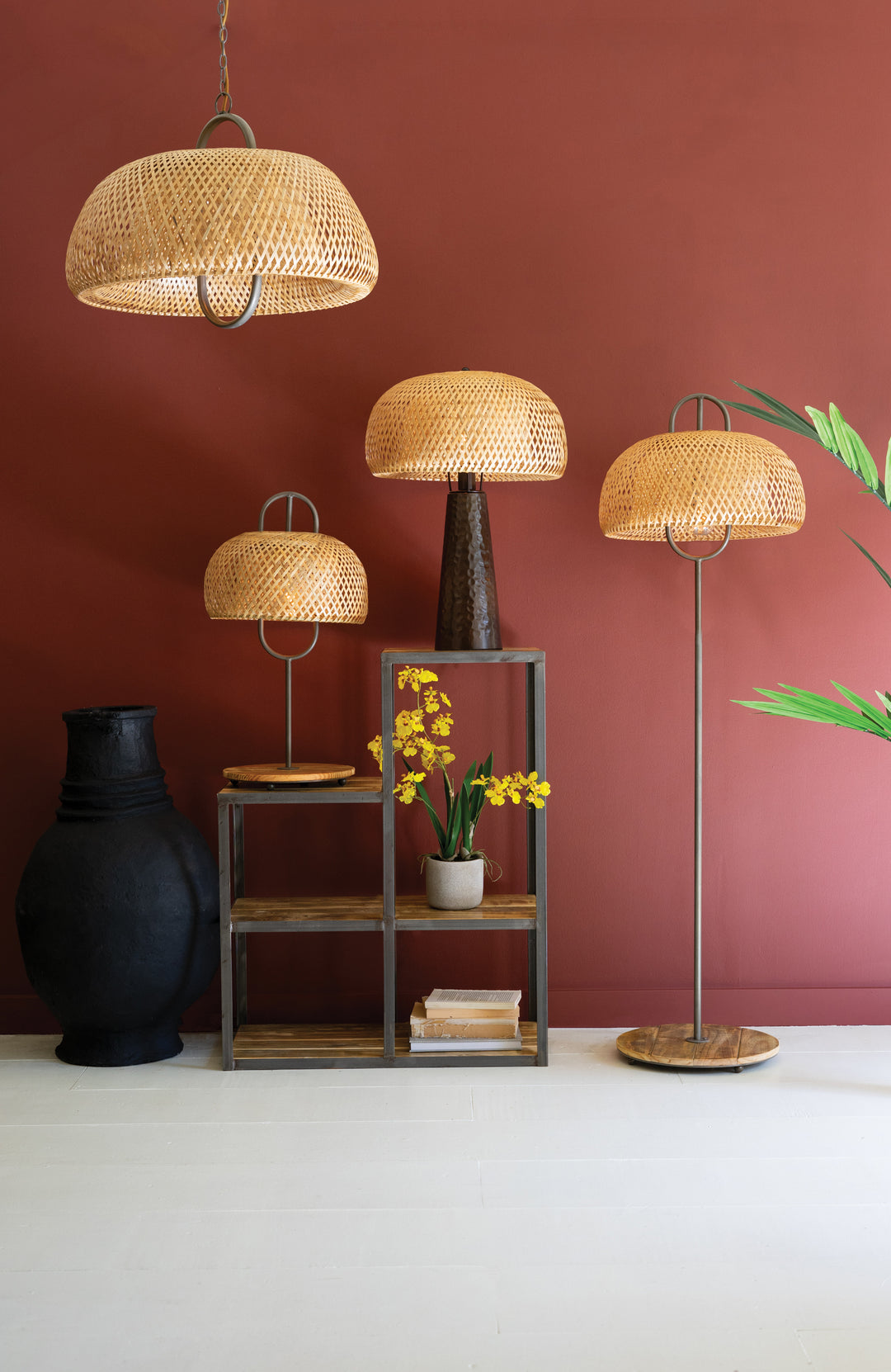 Metal and Wood Table Lamp with Woven Cane Shade