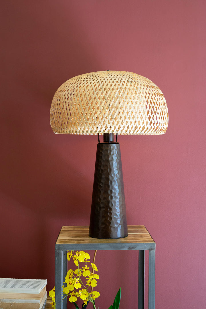 Hammered Metal Table Lamp with Woven Cane Shade