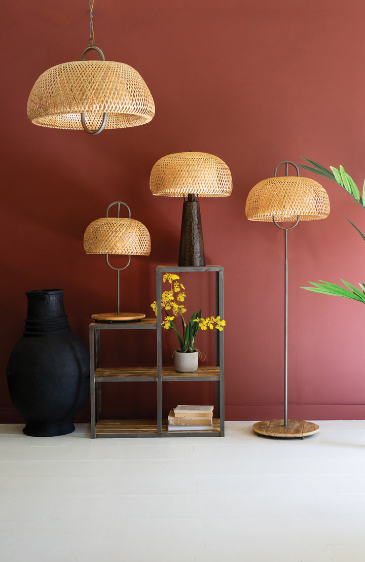 Hammered Metal Table Lamp with Woven Cane Shade