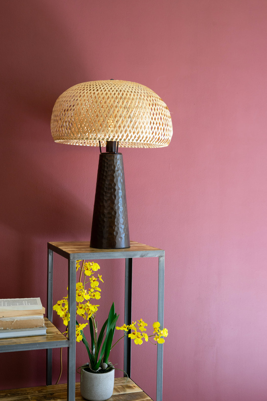 Hammered Metal Table Lamp with Woven Cane Shade