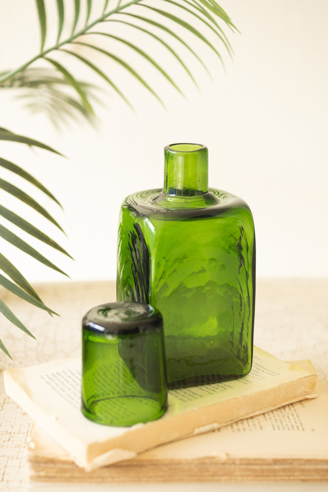 Green Recycled Glass Bedside Water Carafe and Drinking Glass