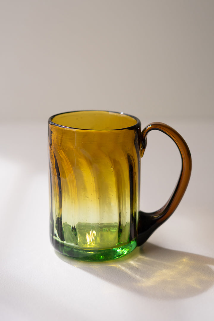 Recycled Fluted Amber Glass Mug with Handle Set of Six
