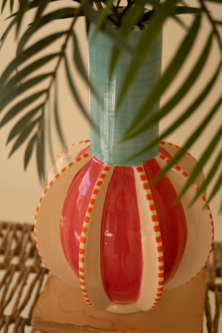 Ceramic Multi-Colored Vase with Blue Neck