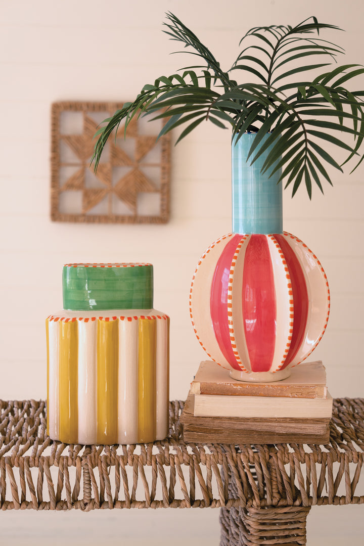 Ceramic Multi-Colored Vase with Blue Neck