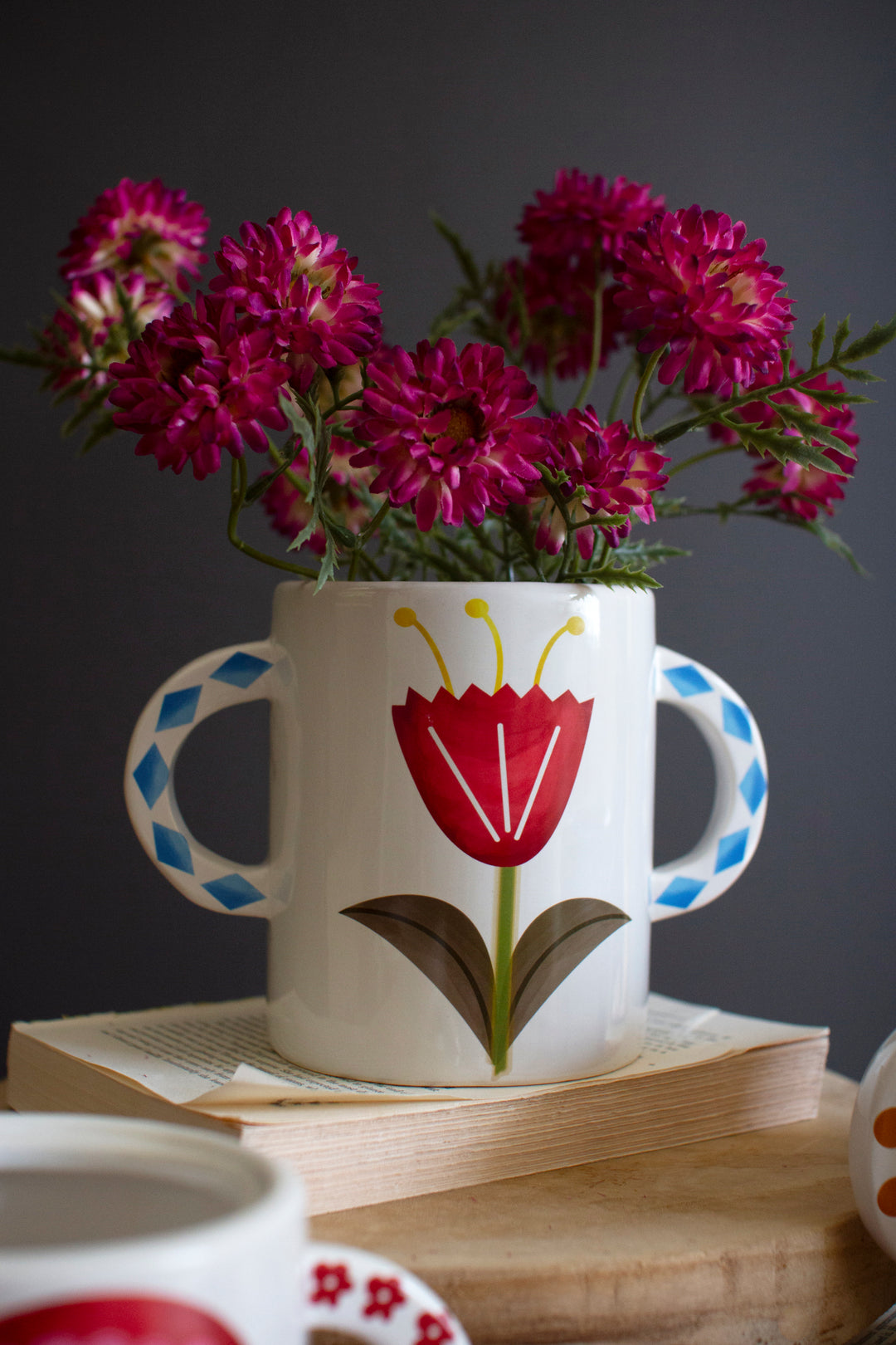 Set of 3 Ceramic Double Handle Vases with Flower Detail