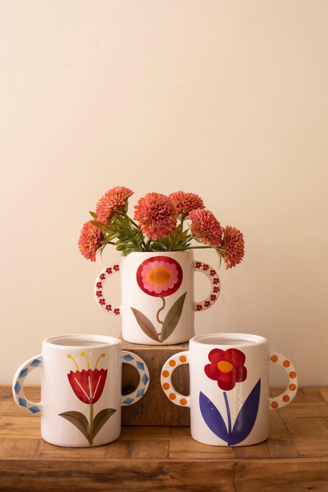 Set of 3 Ceramic Double Handle Vases with Flower Detail