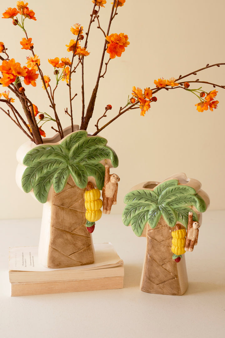 Set of 2 Ceramic Palm Tree Vases with Dangling Monkeys