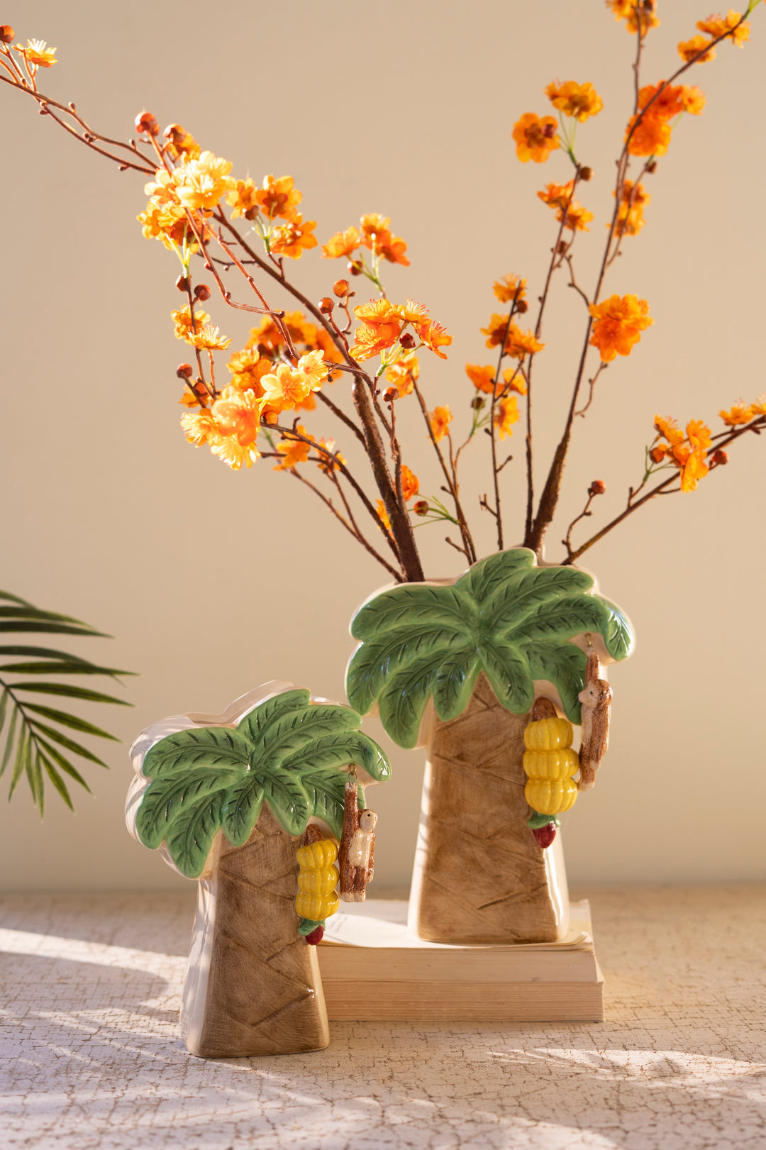Set of 2 Ceramic Palm Tree Vases with Dangling Monkeys