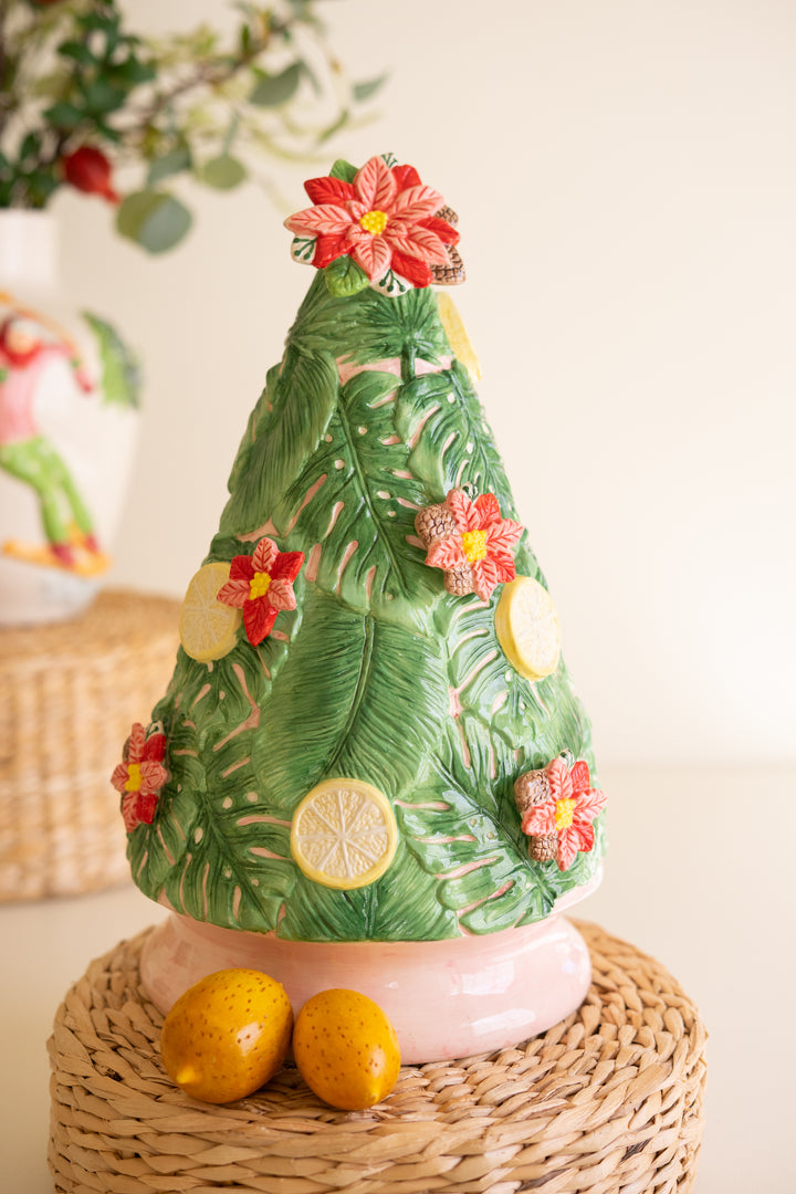 Ceramic Christmas Tree with Lemons and Poinsettias