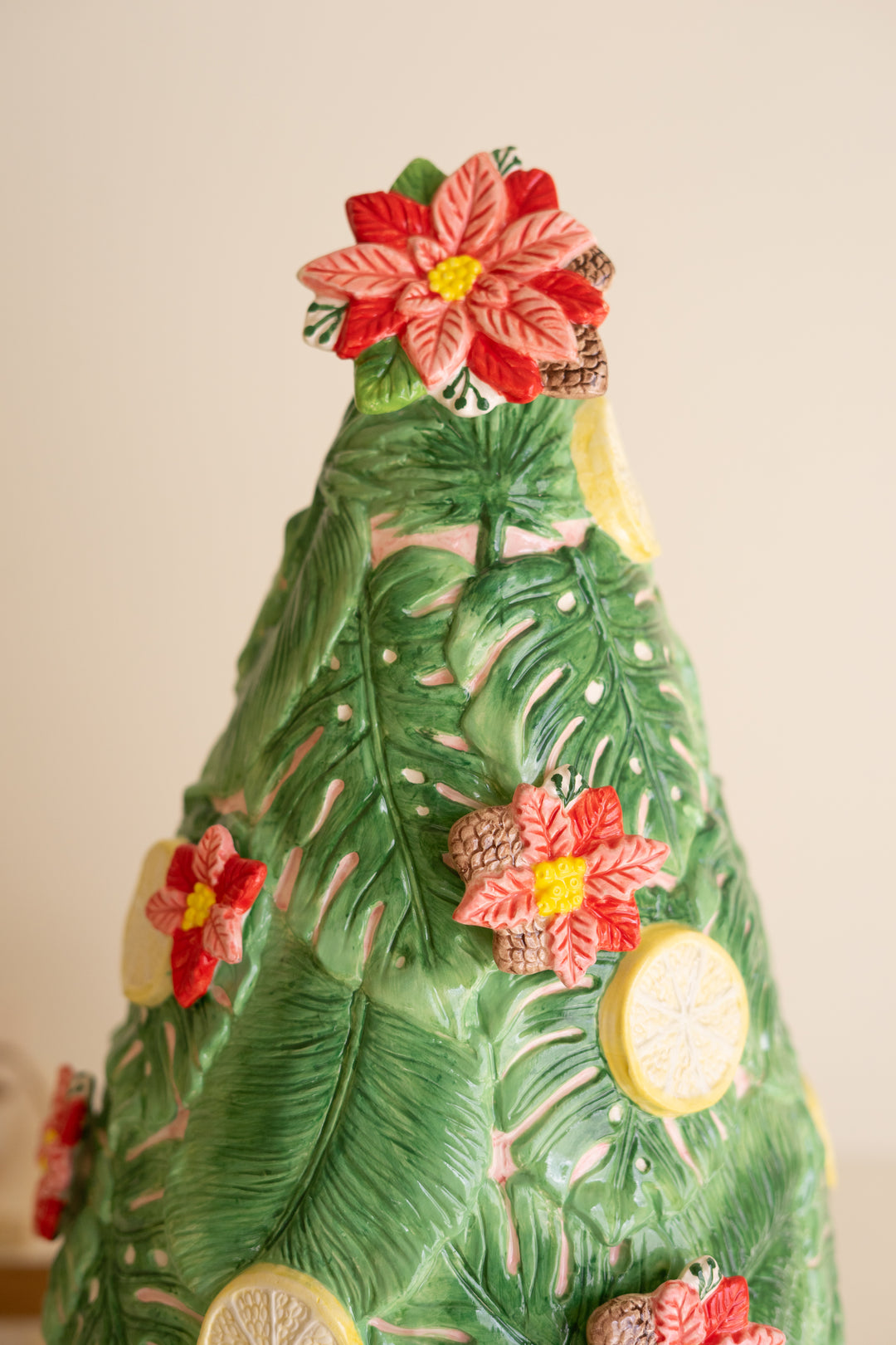 Ceramic Christmas Tree with Lemons and Poinsettias
