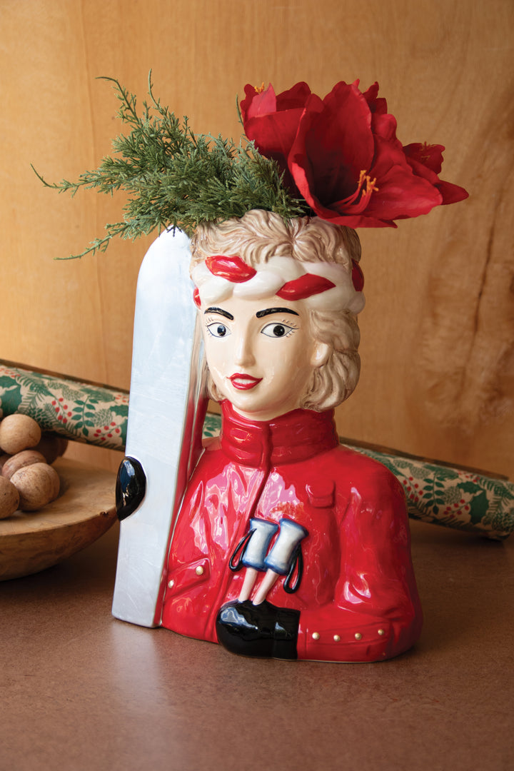 Large Ceramic Snow Skier Woman Vase