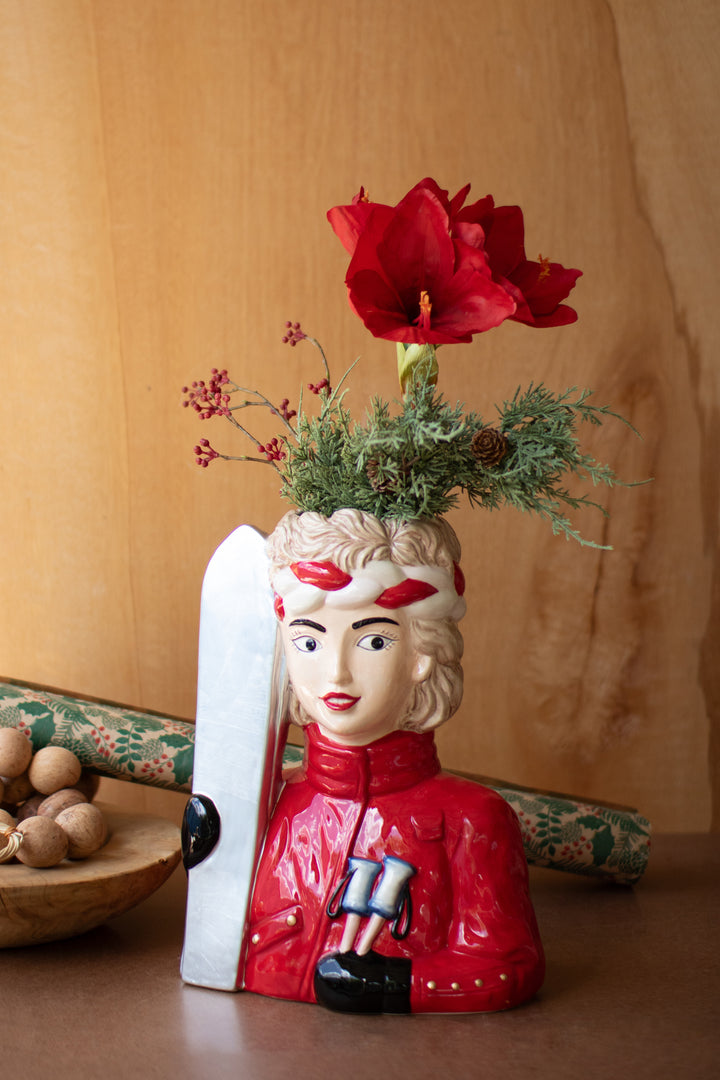 Large Ceramic Snow Skier Woman Vase