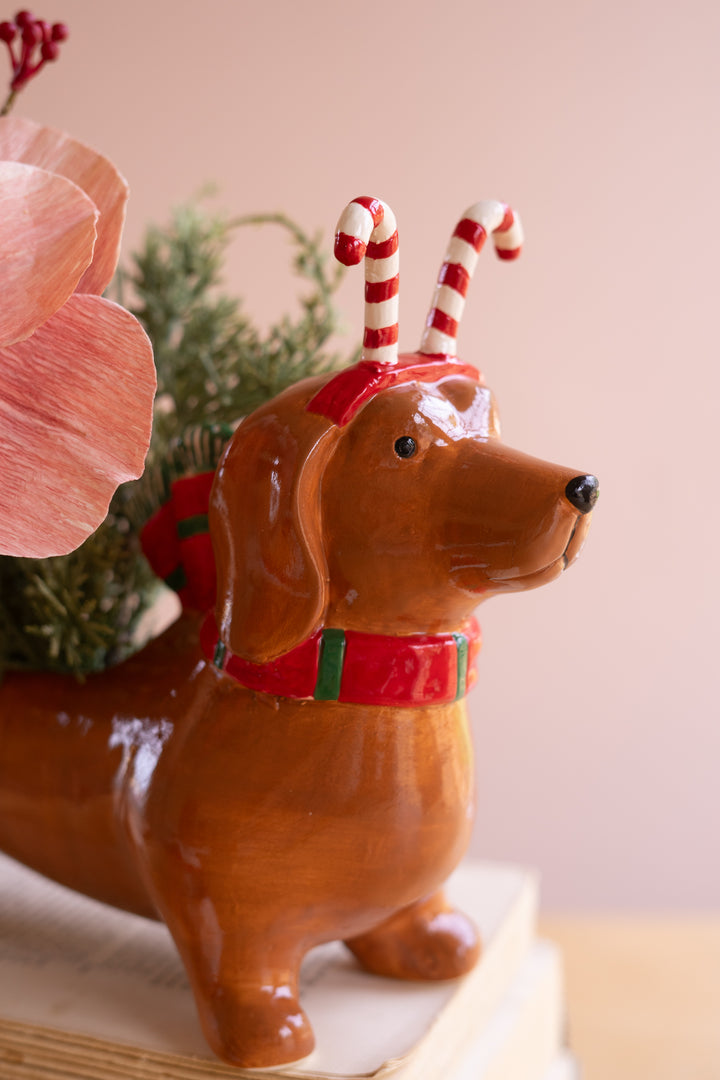 Ceramic Christmas Dachshund Planter with a Candy Cane Headband