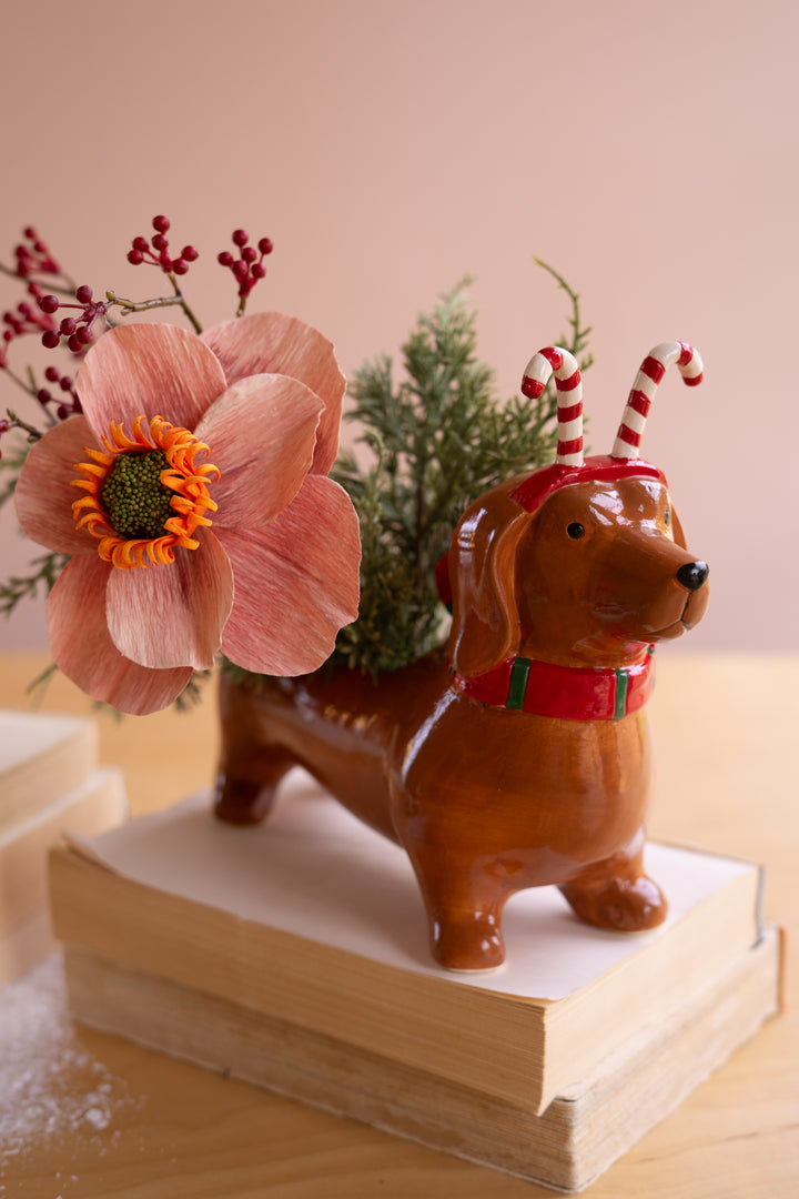 Ceramic Christmas Dachshund Planter with a Candy Cane Headband