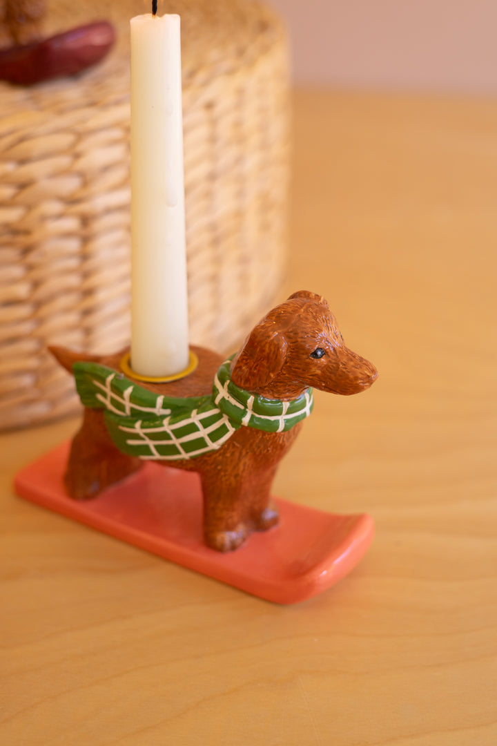 Set of 5 Ceramic Christmas Dog Taper Candle Holders