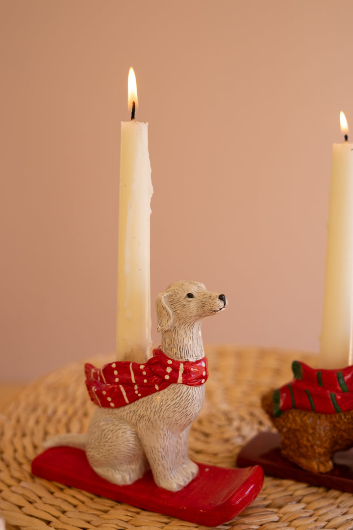 Set of 5 Ceramic Christmas Dog Taper Candle Holders