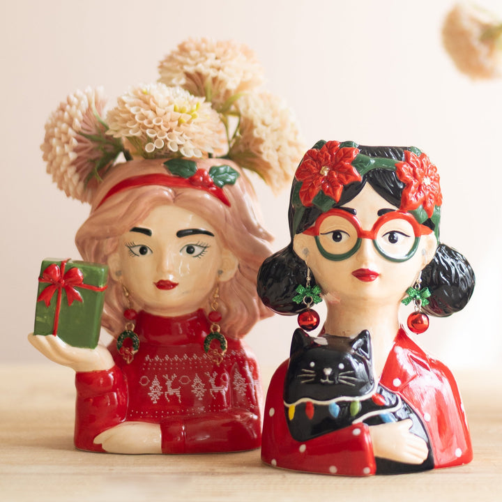 Set of 2 Ceramic Tacky Christmas Women Vases