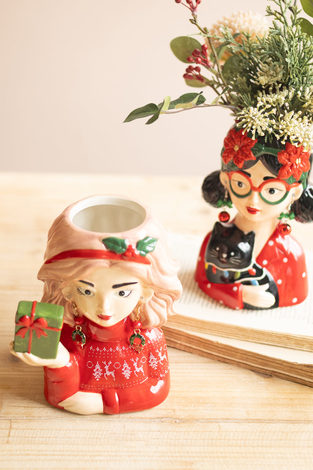 Set of 2 Ceramic Tacky Christmas Women Vases