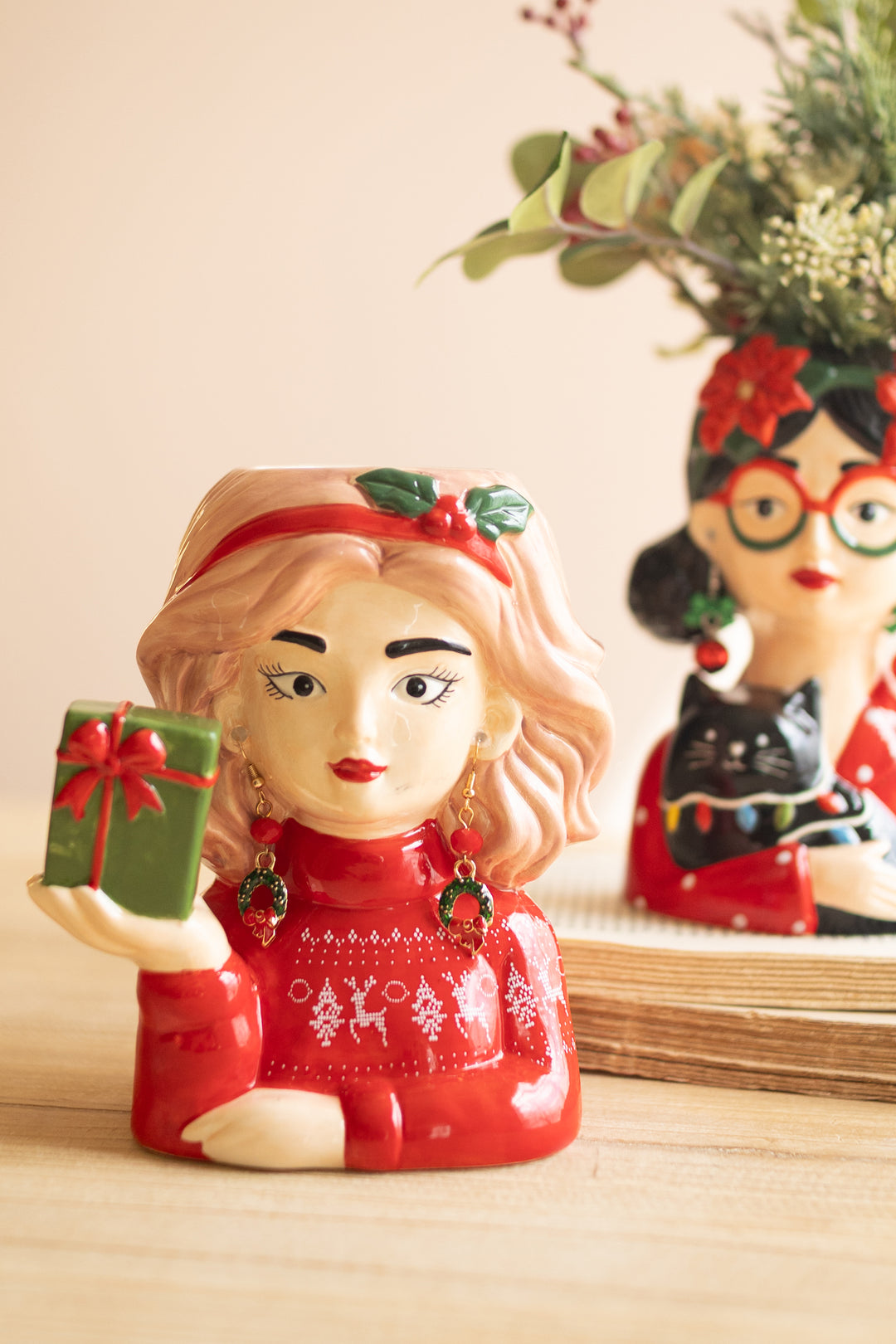 Set of 2 Ceramic Tacky Christmas Women Vases