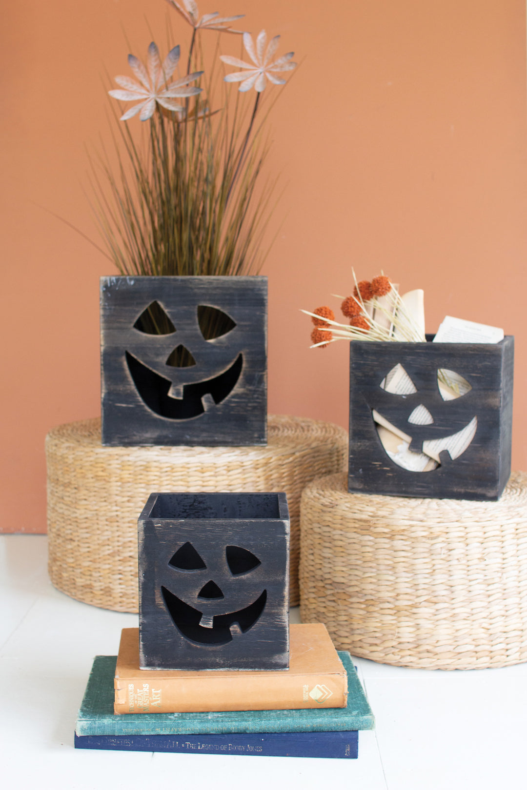 Set of 3 Antique Black Wooden Jack-O-Lantern Boxes