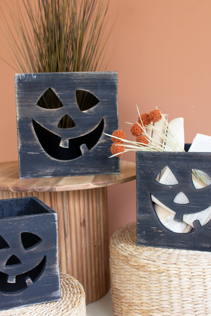 Set of 3 Antique Black Wooden Jack-O-Lantern Boxes