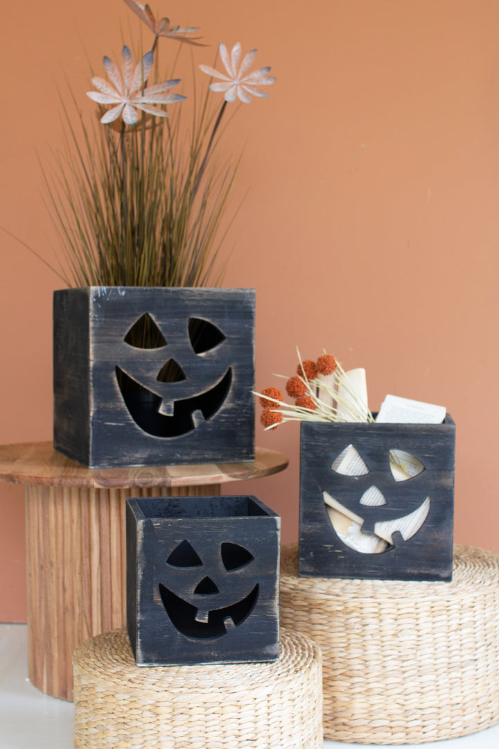 Set of 3 Antique Black Wooden Jack-O-Lantern Boxes