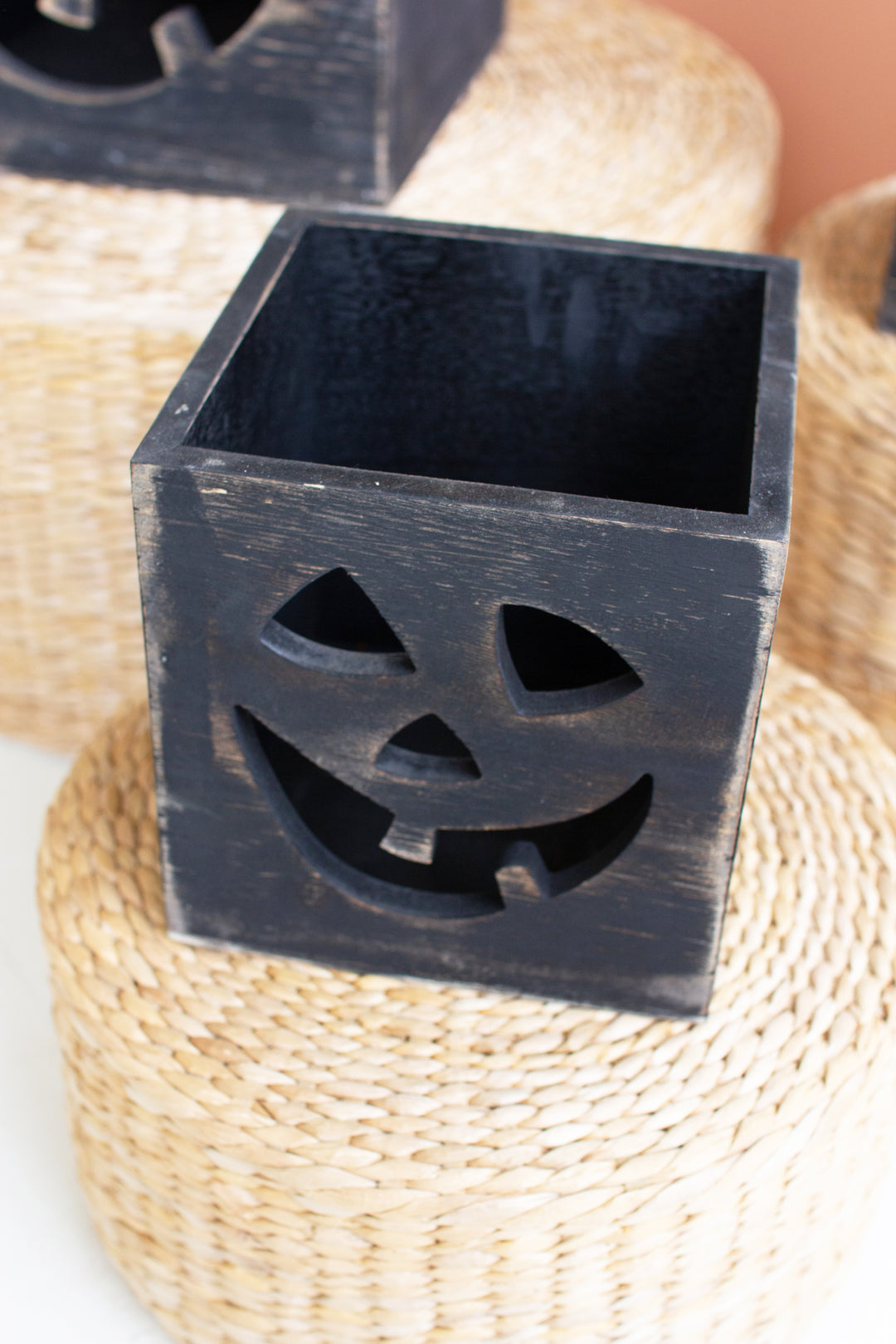 Set of 3 Antique Black Wooden Jack-O-Lantern Boxes