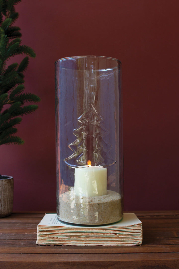 Clear Glass Cylinder with Embossed Christmas Tree