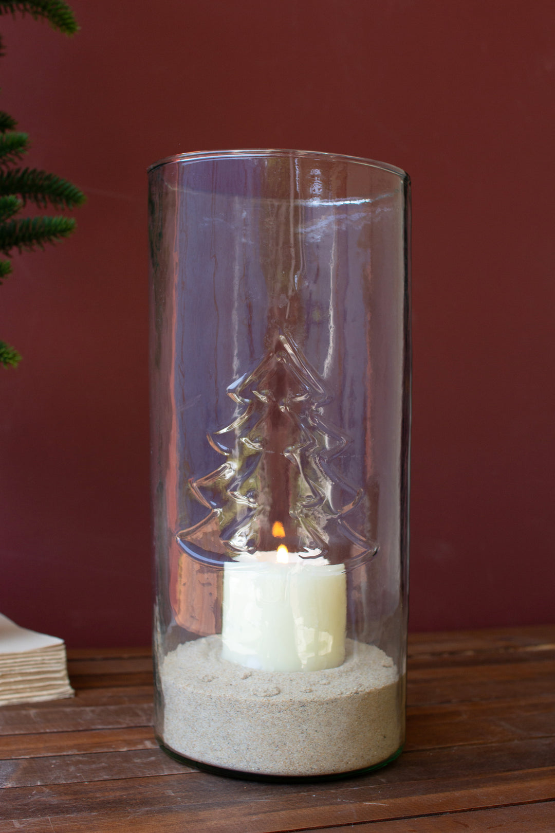 Clear Glass Cylinder with Embossed Christmas Tree