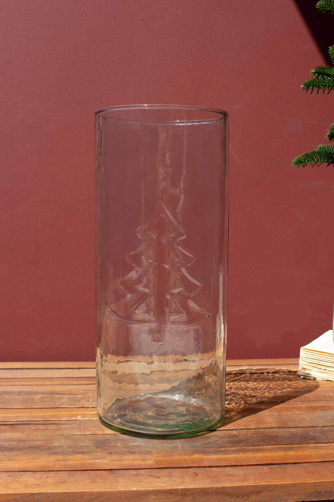 Clear Glass Cylinder with Embossed Christmas Tree