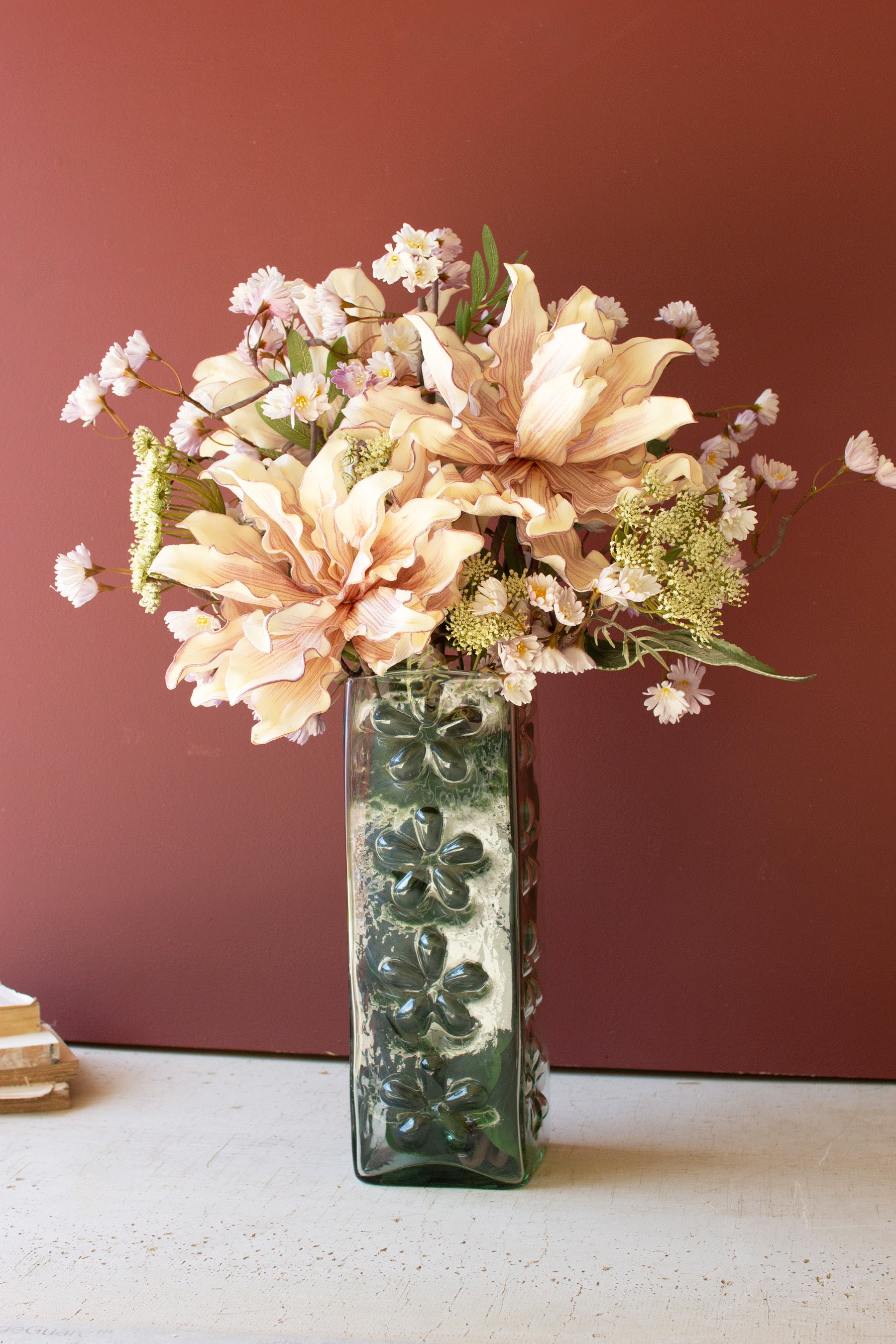 Square Glass Vase with Embossed Flowers - Thumbnail 3