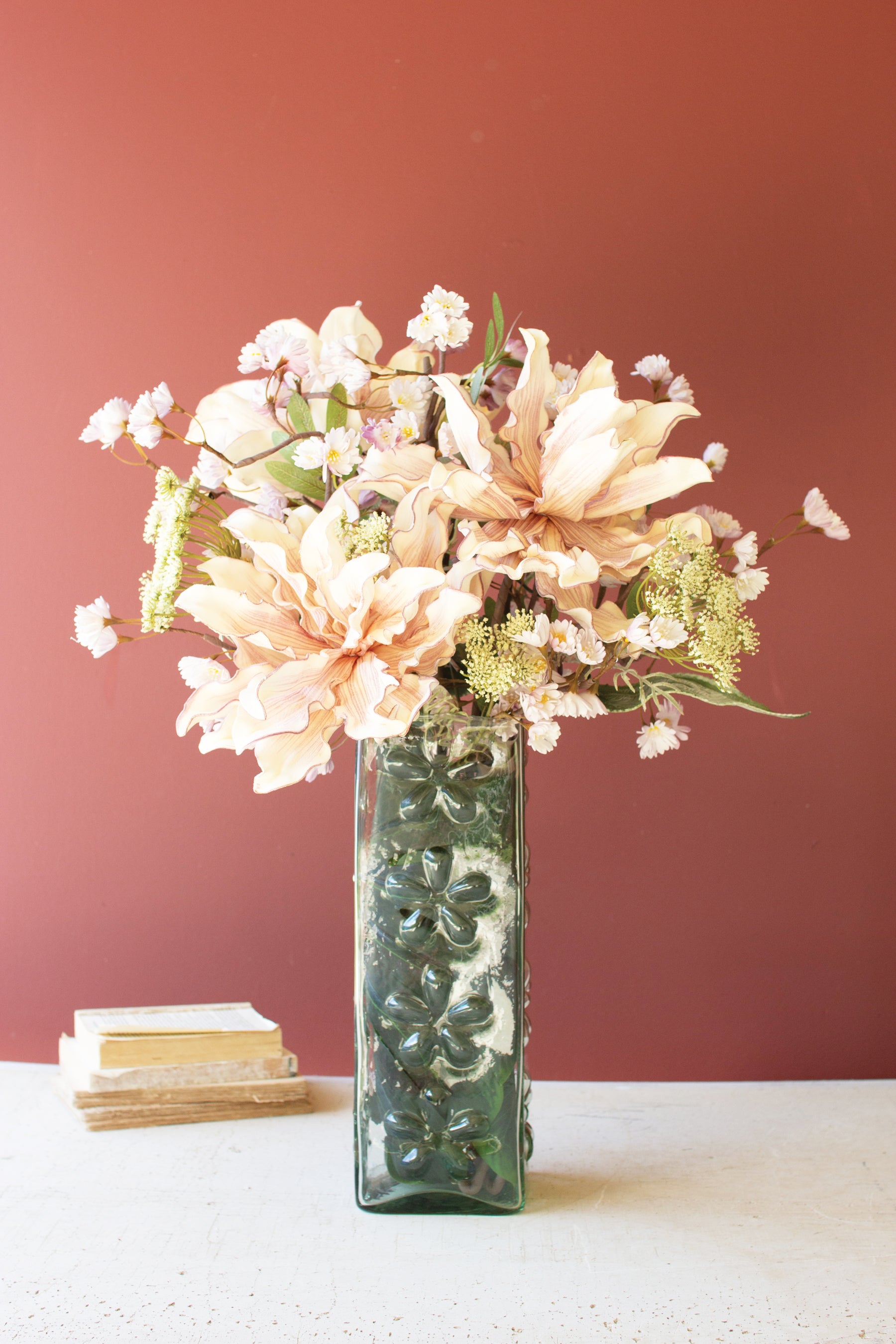 Square Glass Vase with Embossed Flowers - Thumbnail 2