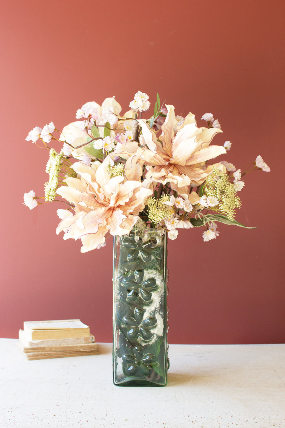 Square Glass Vase with Embossed Flowers