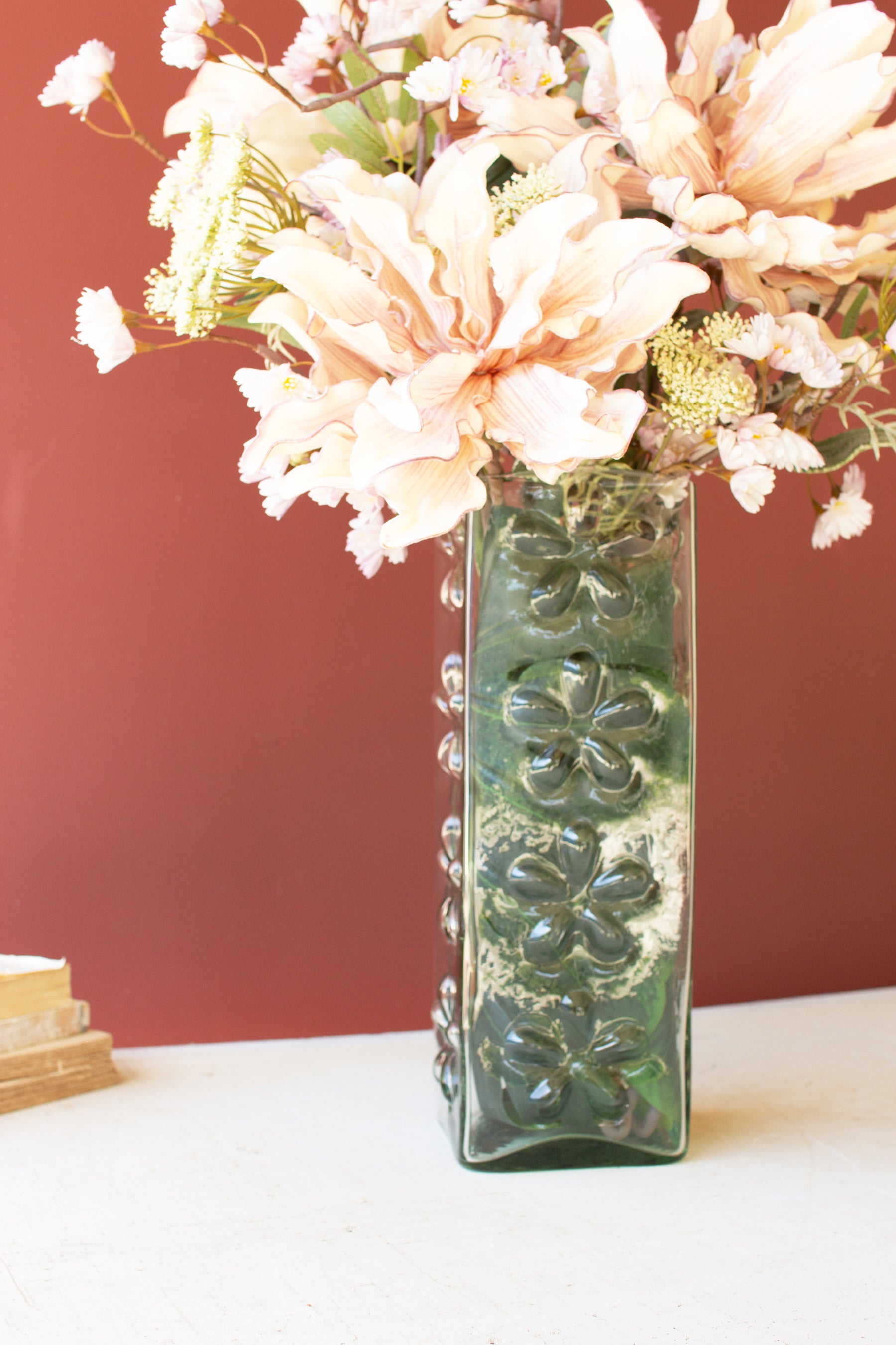 Square Glass Vase with Embossed Flowers - Thumbnail 4