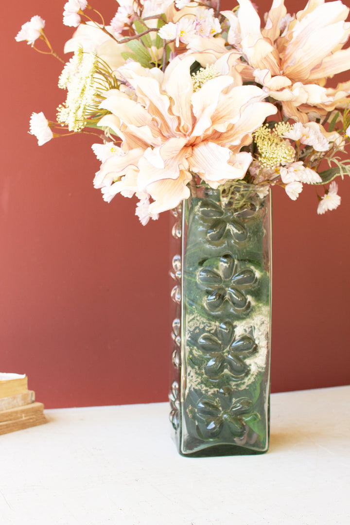 Square Glass Vase with Embossed Flowers