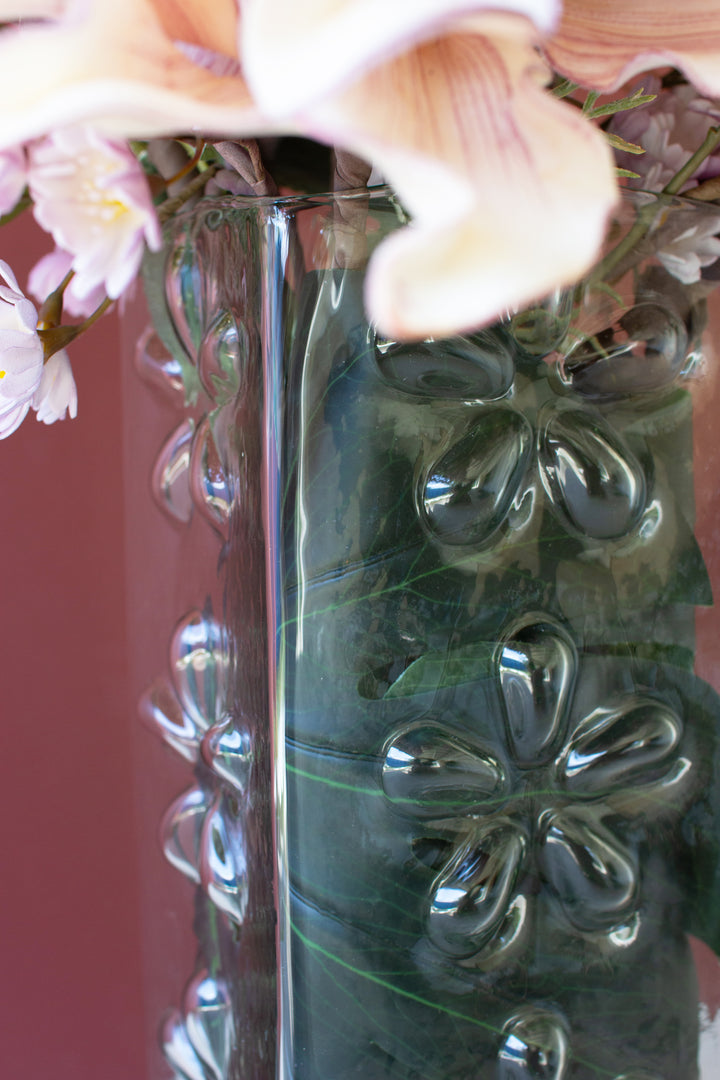 Square Glass Vase with Embossed Flowers