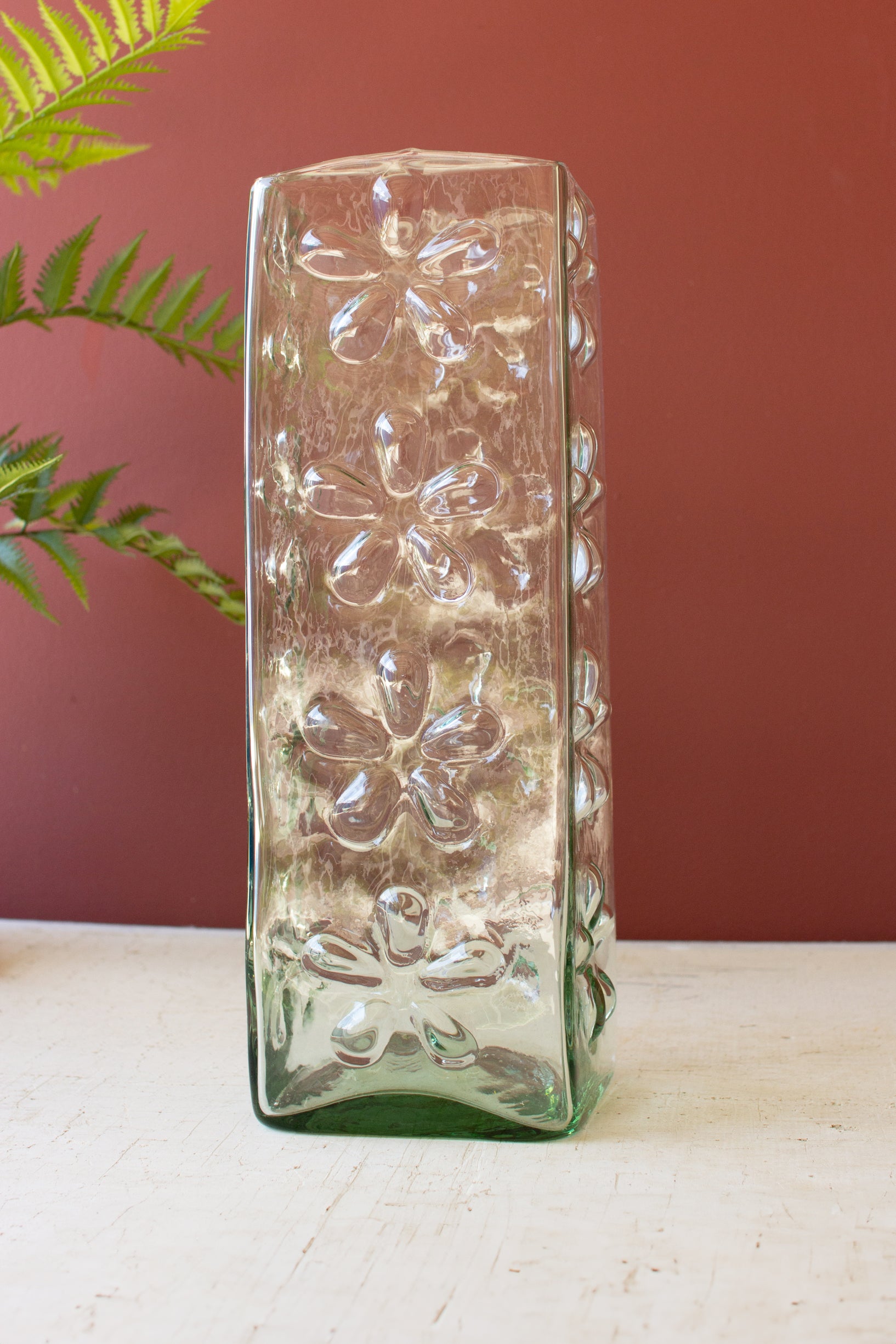Square Glass Vase with Embossed Flowers