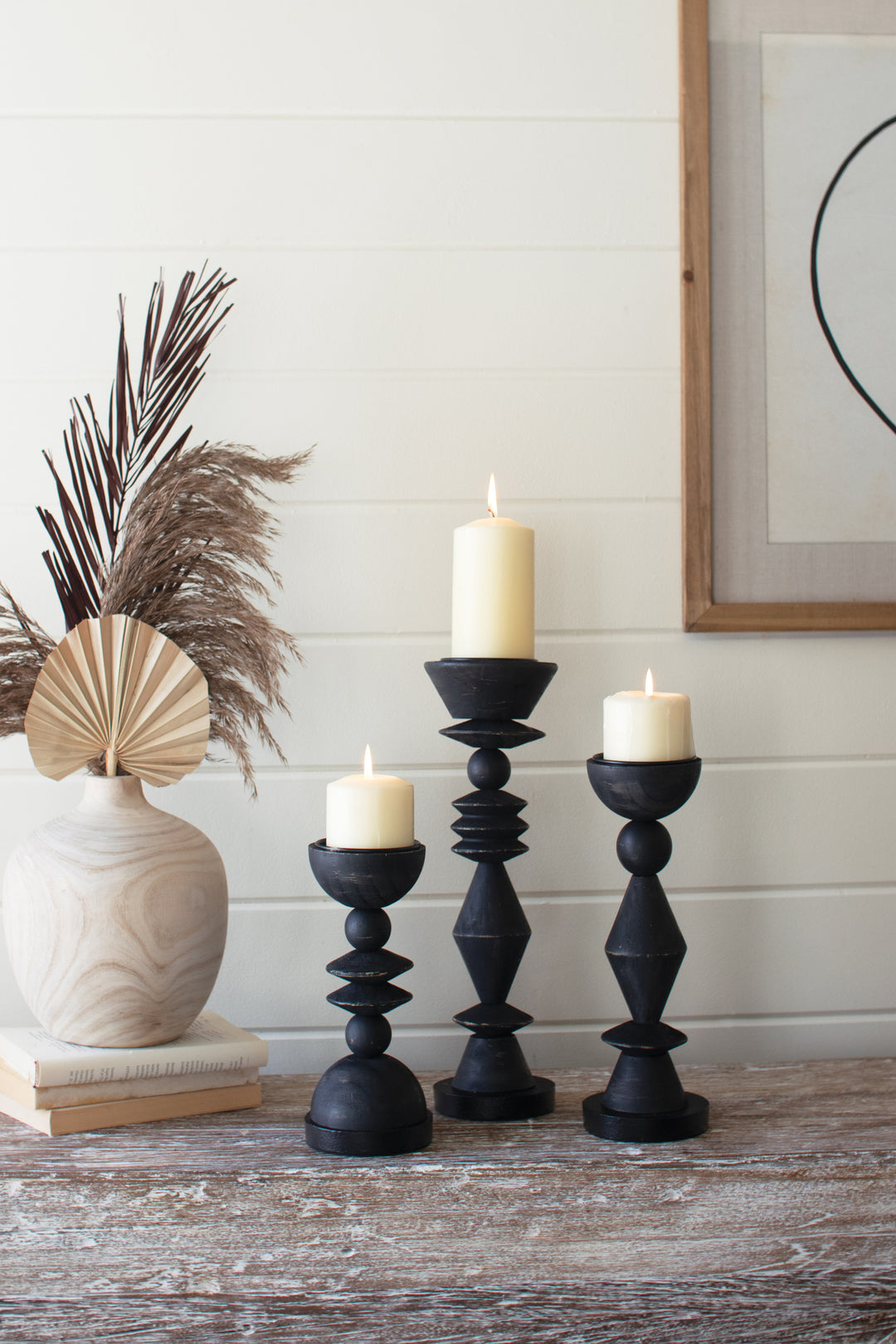 Set Of 3 Black Turned Wood Candle Holders