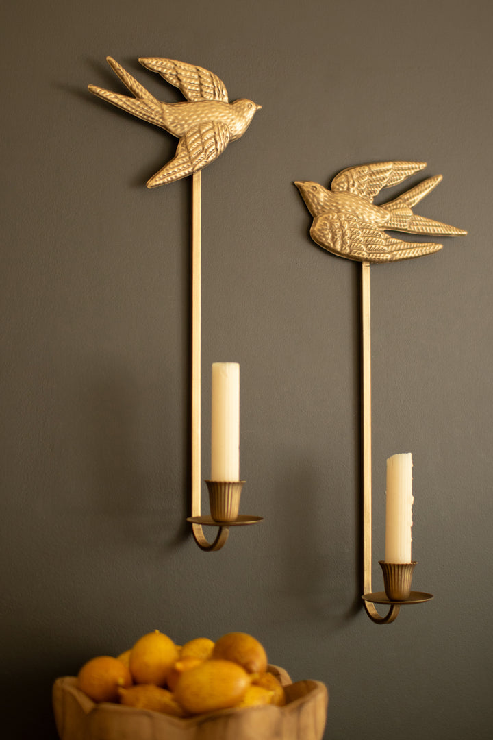 Antique Gold Sparrow Candle Wall Sconces Set/2