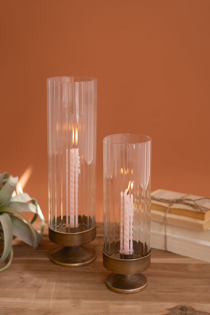 Set of 2 Antique Metal and Glass Taper Candle Hurricanes