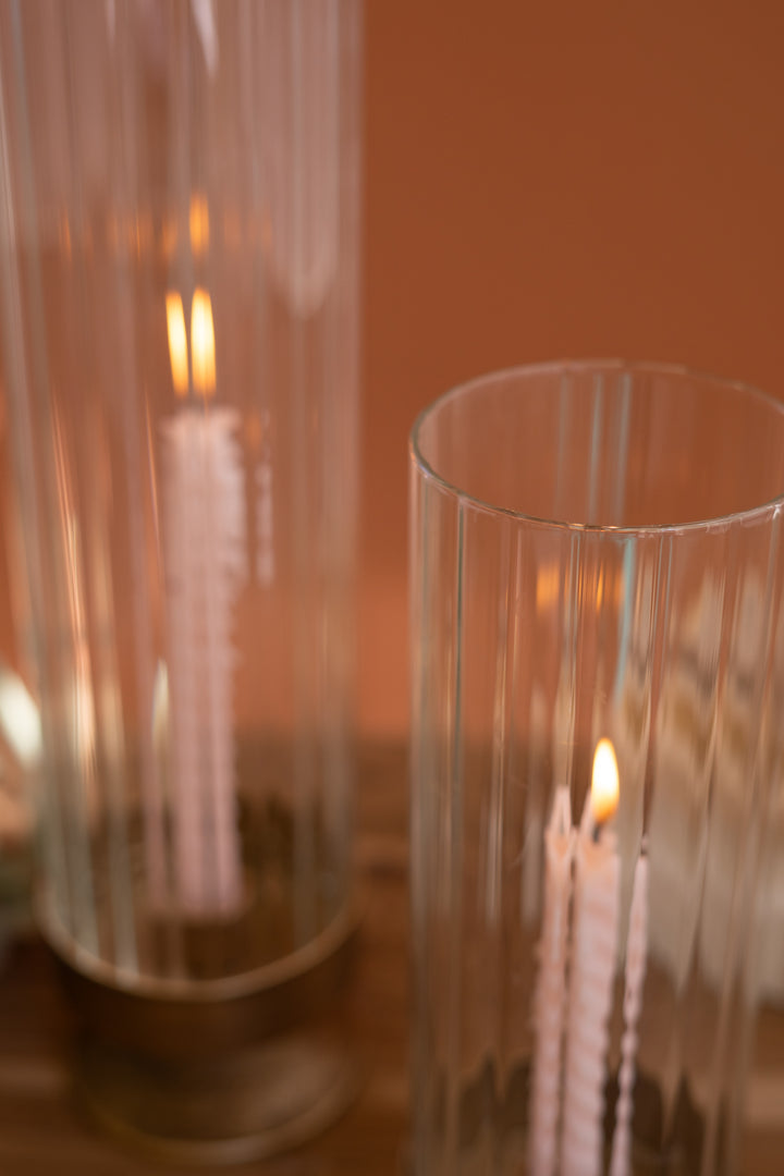 Set of 2 Antique Metal and Glass Taper Candle Hurricanes
