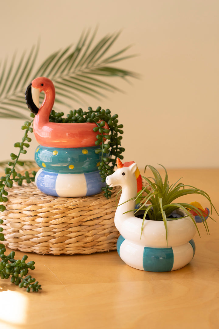 Set of 2 Ceramic Flamingo and Unicorn Floatie Vases